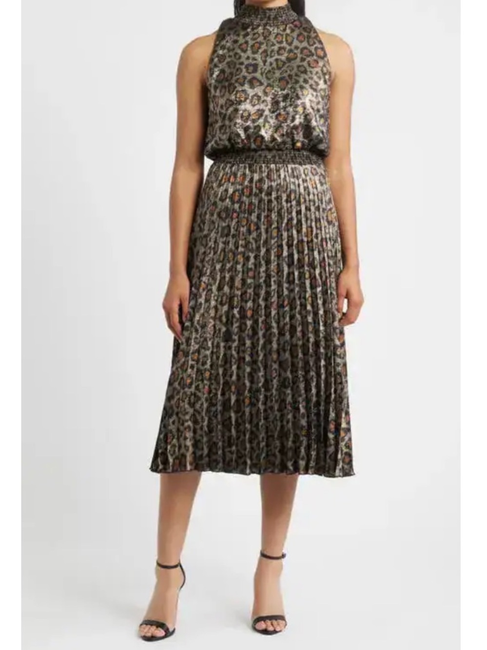 Sam Edelman Metallic Animal-Print Pleated Midi Skirt in Bronze and Black